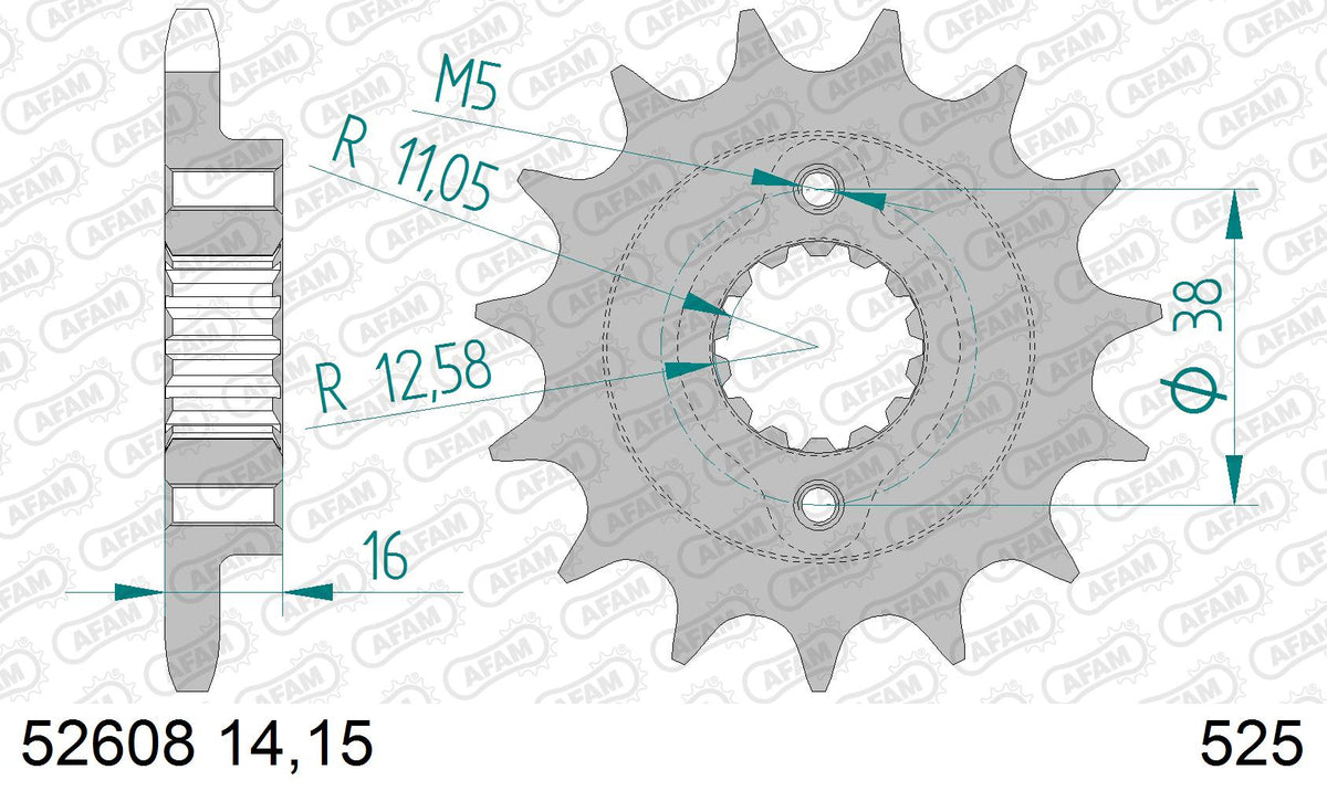 AFAM Front Sprocket, 525 (OE Pitch), Steel - 15T (orig size) (52608-15)