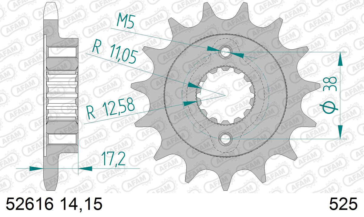 AFAM Front Sprocket, 525 (OE Pitch), Steel - 15T (orig size) (52616-15)