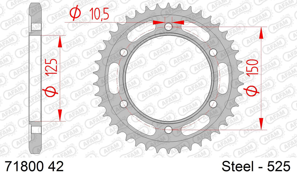 AFAM Rear Sprocket, 525 (OE Pitch), Steel - 42T (orig size) (71800-42)