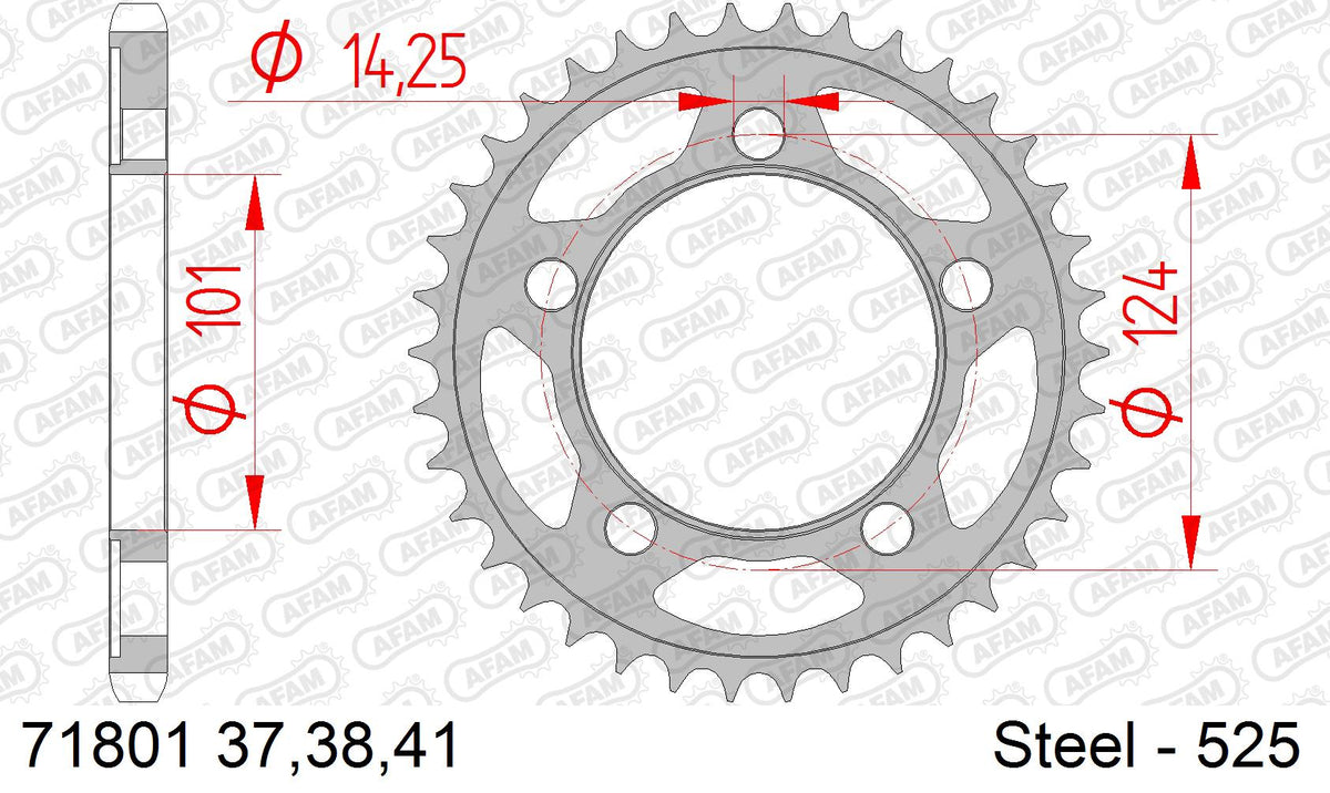 AFAM Rear Sprocket, 525 (OE Pitch), Steel - 38T (orig size) (71801-38)