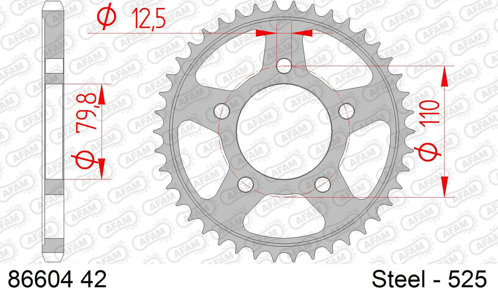 AFAM Rear Sprocket, 525 (OE Pitch), Steel - 42T (orig size) (86604-42)