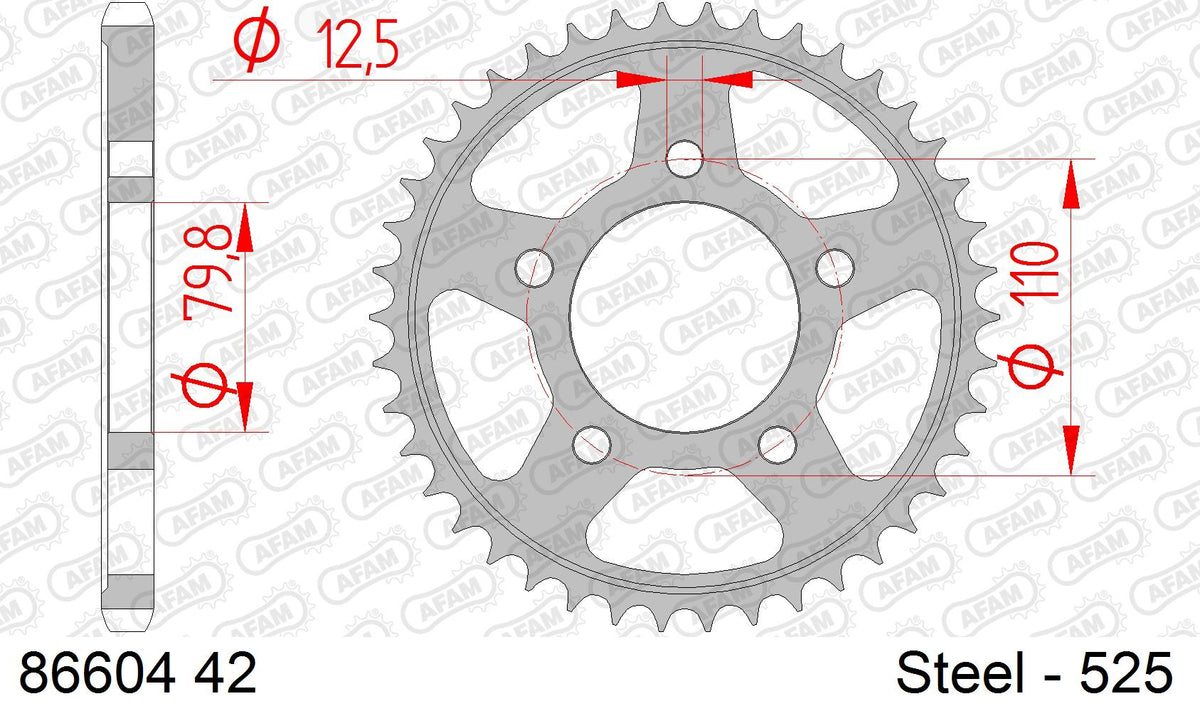 AFAM Rear Sprocket, 525 (OE Pitch), Steel - 42T (orig size) (86604-42)
