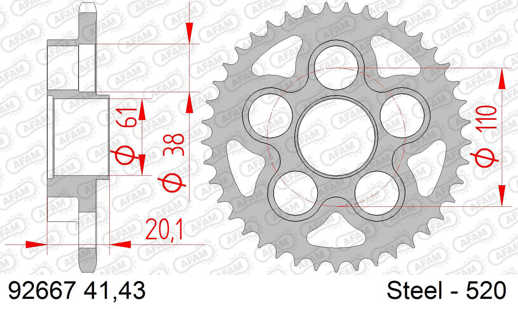 AFAM Rear Sprocket, 520 (OE Pitch), Steel - 41T (orig size), fits Oro,S