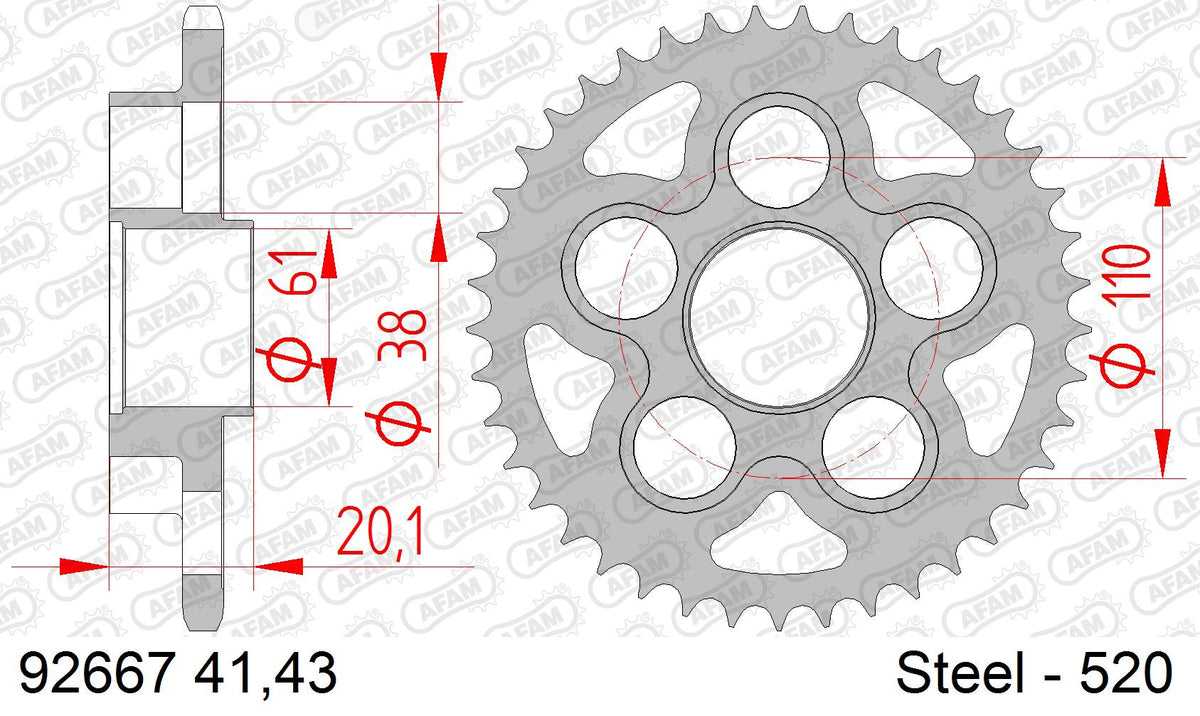 AFAM Rear Sprocket, 520 (OE Pitch), Steel - 41T (orig size), fits Oro,S