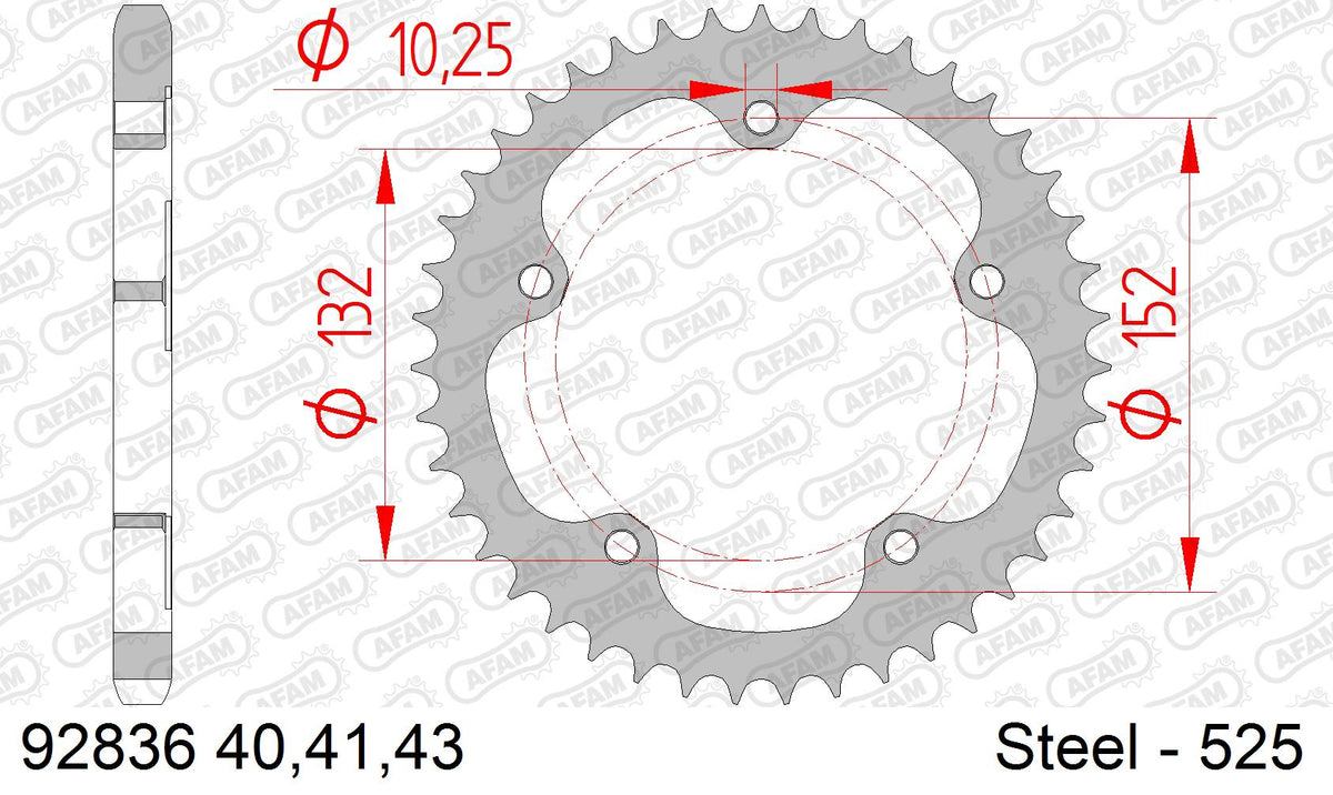 AFAM Rear Sprocket, 525 (OE Pitch), Steel - 41T (orig size) (92836-41)
