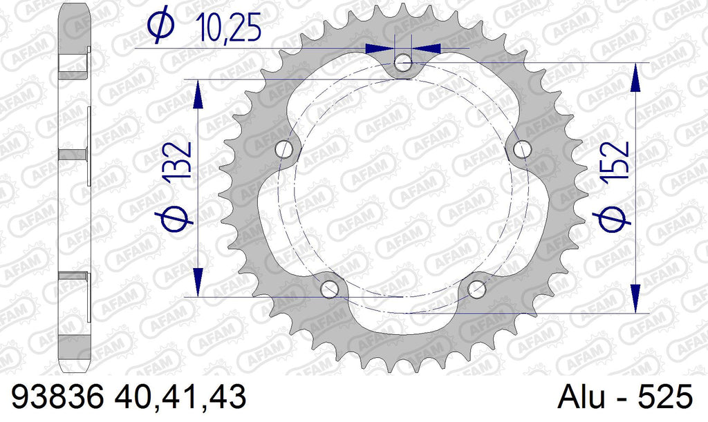 AFAM Rear Sprocket, 525 (OE Pitch), Alu - 43T, 116 links reqd