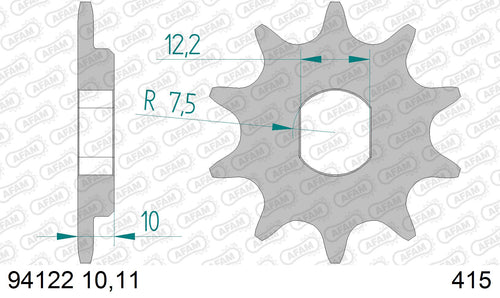 AFAM Front Sprocket, 415 (OE Pitch), Steel - 11T, 104 links reqd