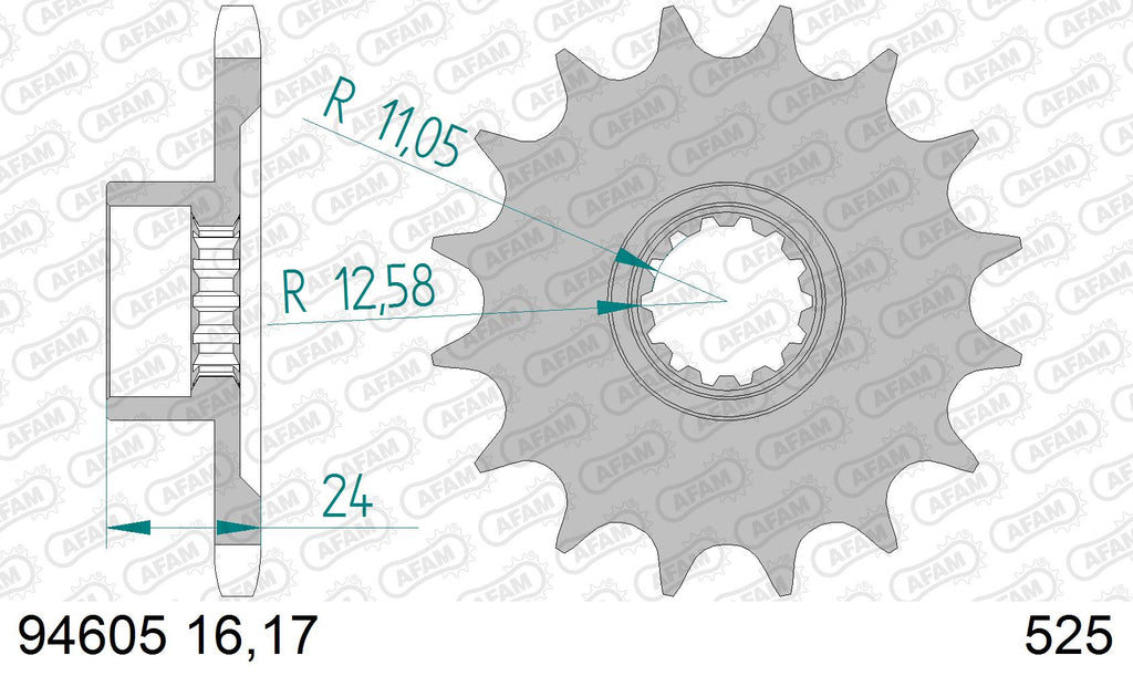 AFAM Front Sprocket, 525 (OE Pitch), Steel - 16T (orig size) (94605-16)