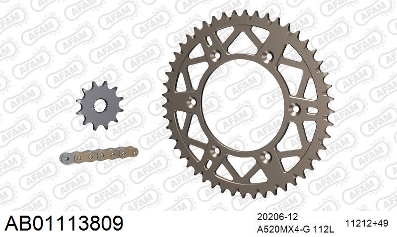 AFAM MX reinforced Chain & Self CleaningAlu Sprocket Kit, 520 (OE Pitch) - Gold 112 link MX reinforced chain, 12T steel/49T Alu sprockets – Honda CR125 1997