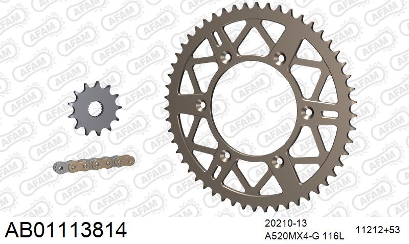AFAM MX reinforced Chain & Self CleaningAlu Sprocket Kit, 520 (OE Pitch) - Gold 116 link MX reinforced chain, 13T steel/53T Alu sprockets