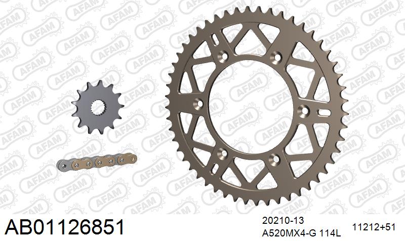 AFAM MX Racing GP Chain & Self CleaningAlu Sprocket Kit, 520 (OE Pitch) - Gold 114 link MX Racing GP chain, 13T steel/51T Alu sprockets – Honda CRF250R / RX 2004–2009
