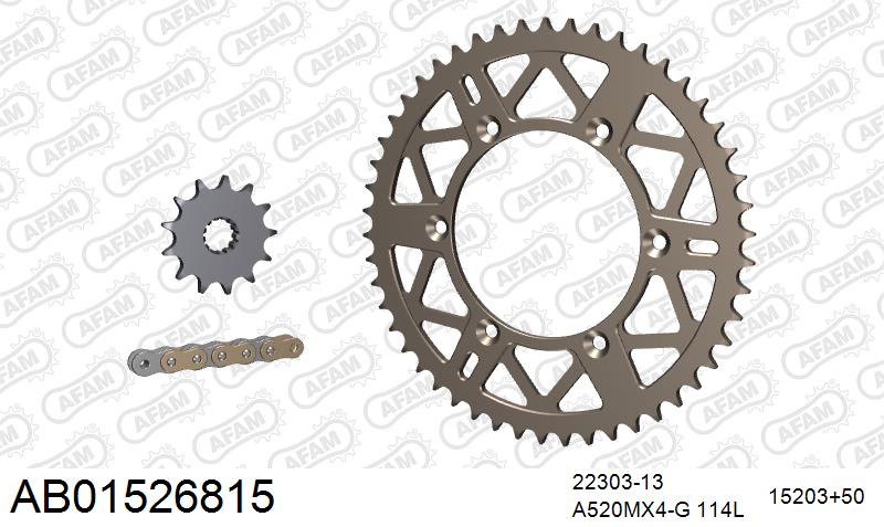 AFAM MX Racing GP Chain & Self CleaningAlu Sprocket Kit, 520 (OE Pitch) - Gold 114 link MX Racing GP chain, 13T steel/50T Alu sprockets (AB01526815)