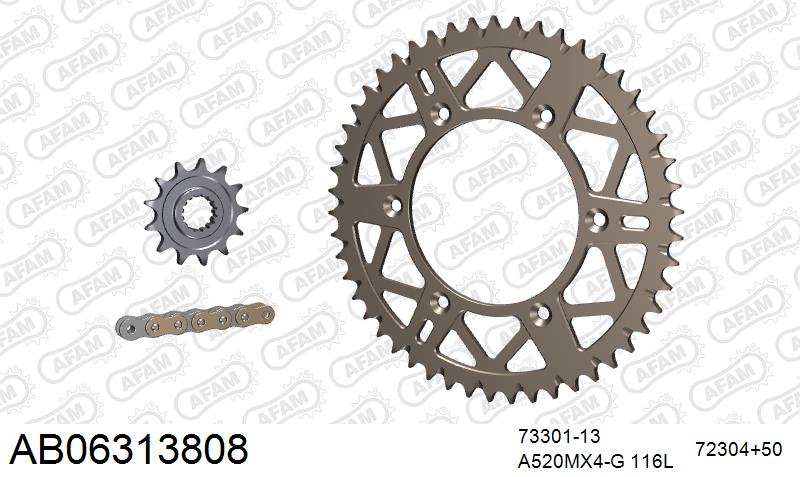 AFAM MX reinforced Chain & Self CleaningAlu Sprocket Kit, 520 (OE Pitch) - Gold 116 link MX reinforced chain, 13T steel/50T Alu sprockets (AB06313808)