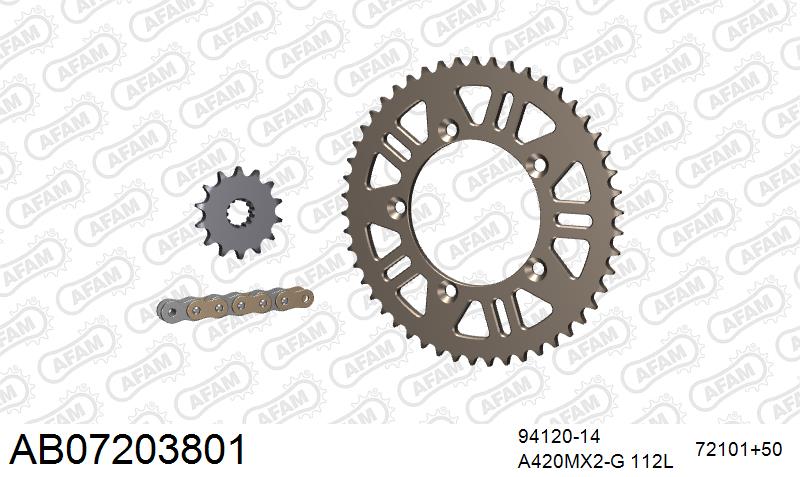 AFAM MX Racing Chain & Self CleaningAlu Sprocket Kit, 420 (OE Pitch) - Gold 112 link MX Racing chain, 14T steel/50T Alu sprockets