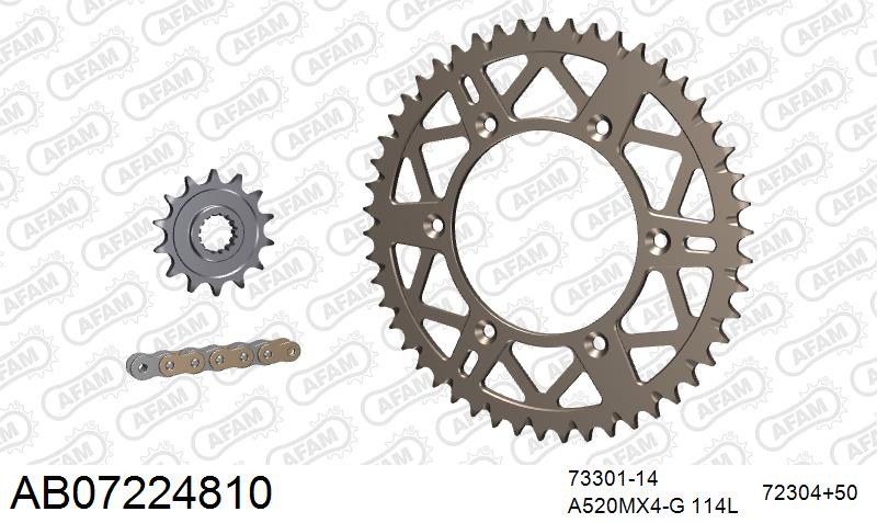 AFAM MX reinforced Chain & Self CleaningAlu Sprocket Kit, 520 (OE Pitch) - Gold 114 link MX reinforced chain, 14T steel/50T Alu sprockets – KTM 250 SX 2001–2003