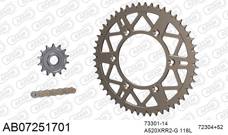 AFAM Xs-Ring Reinforced Plus Chain & Self CleaningAlu Sprocket Kit, 520 (OE Pitch) - Gold 116 link Xs-Ring Reinforced Plus chain, 14T steel/ (AB07251701)