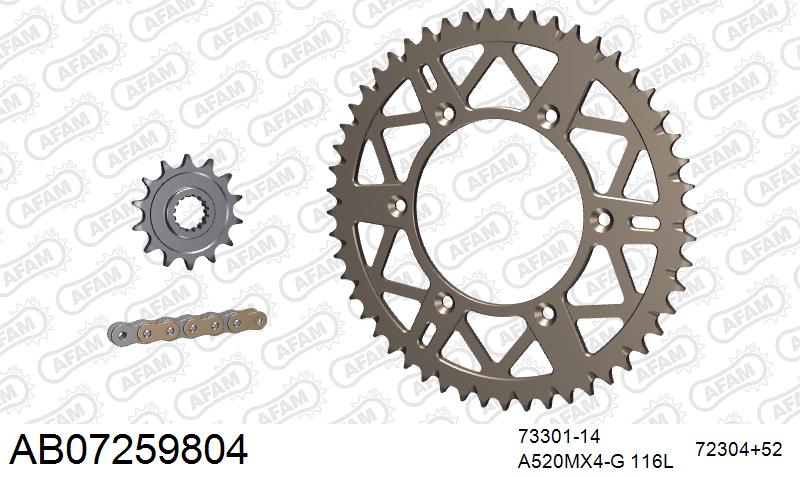 AFAM MX Racing GP Chain & Self CleaningAlu Sprocket Kit, 520 (OE Pitch) - Gold 116 link MX Racing GP chain, 14T steel/52T Alu sprockets