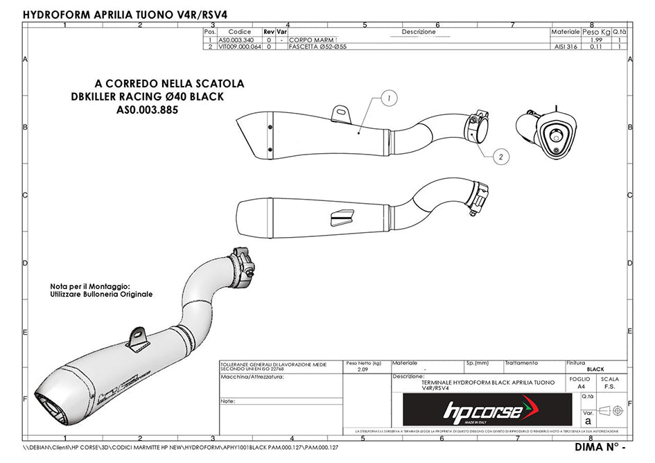 HP Corse Hydroform Satin Stainless Steel Slip-On Kit (Road Legal) – Aprilia Tuono V4 (1000cc) 2011–2014 / Aprilia Tuono V4 APRC (1000cc) 2011–2014