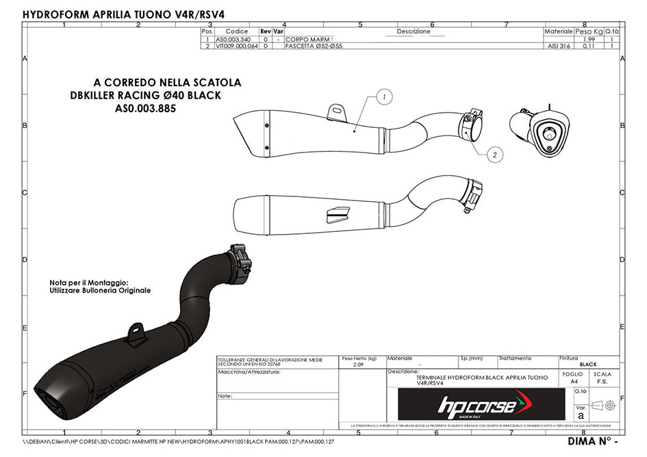 HP Corse Hydroform Black Coated Stainless Steel Slip-On Kit (Road Legal) (APHY1001BLACK-AB)