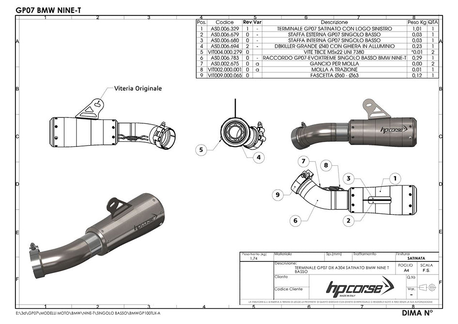 HP Corse GP-07 Satin Stainless Steel Slip-On Kit (Road Legal) – BMW RNineT (1200cc) 2014–2016