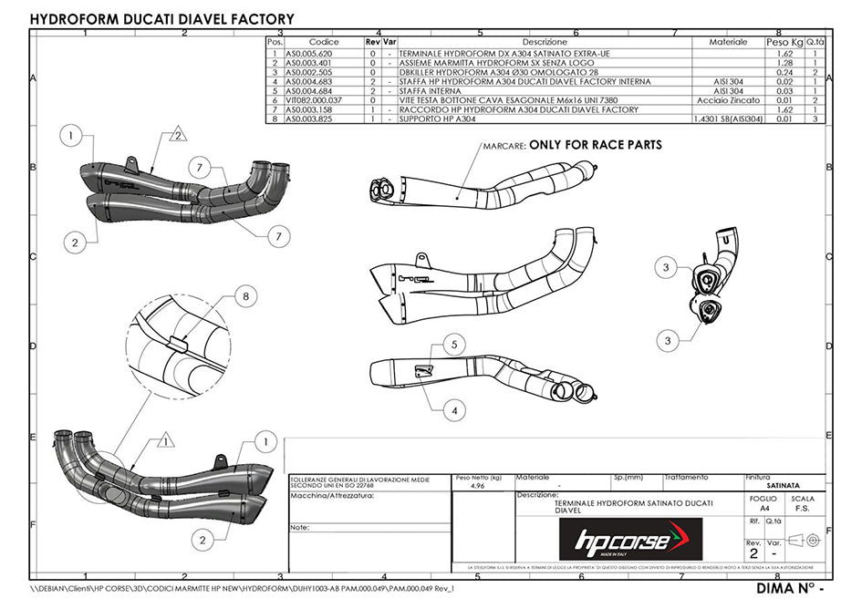 HP Corse Hydroform Satin Stainless Steel Slip-On Kit (Race) - With De-Cat Pipe