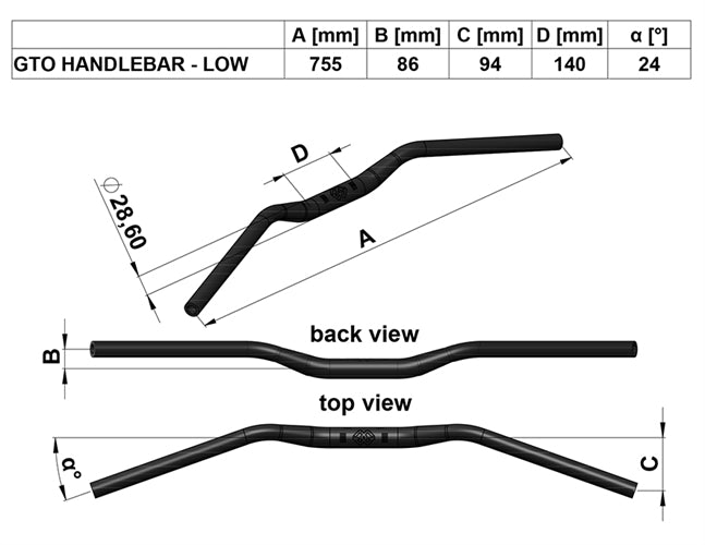 Gilles GTO-L Large Diameter Alloy Handlebars - Black (other colours available) - 28.6mm diameter at clamp (for use with Gilles riser clamps)