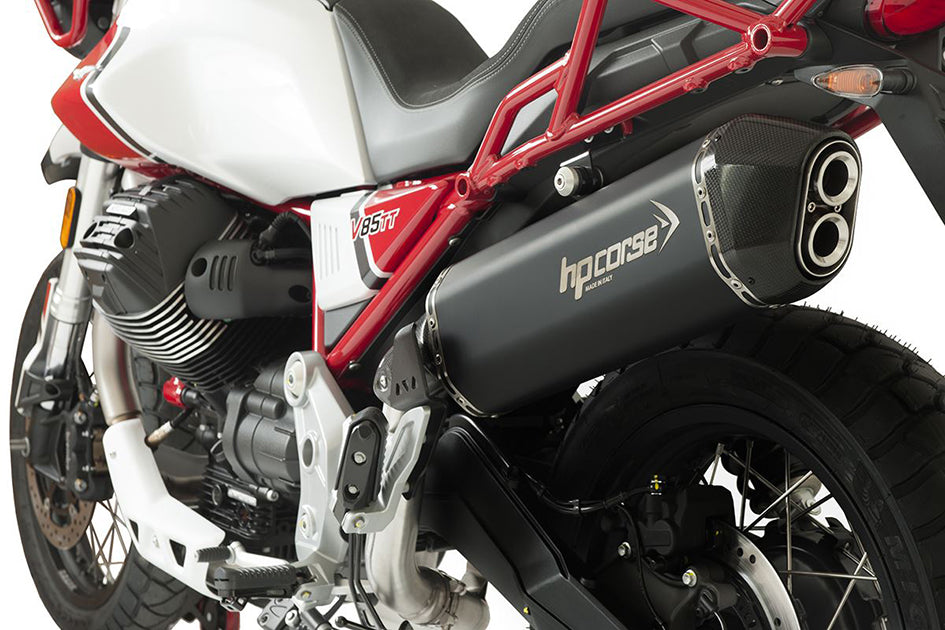 HP Corse SPS Carbon Black Coated Stainless Steel Slip-On Kit (Road Legal) – Moto Guzzi V85 TT / Strada / Travel (850cc) 2019–2024