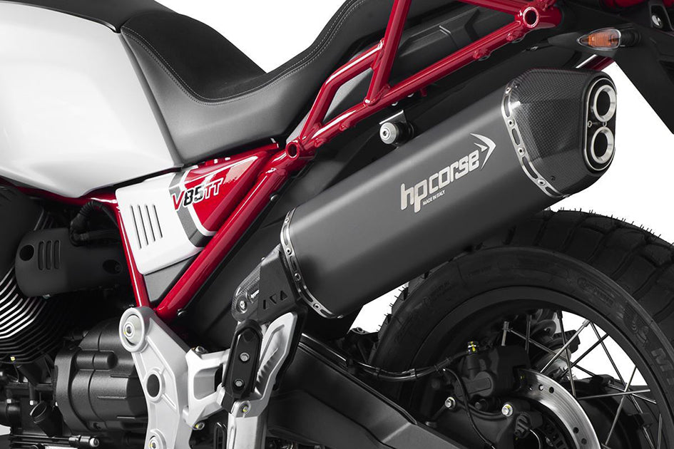 HP Corse SPS Carbon Black Coated Stainless Steel Slip-On Kit (Road Legal) – Moto Guzzi V85 TT / Strada / Travel (850cc) 2019–2024