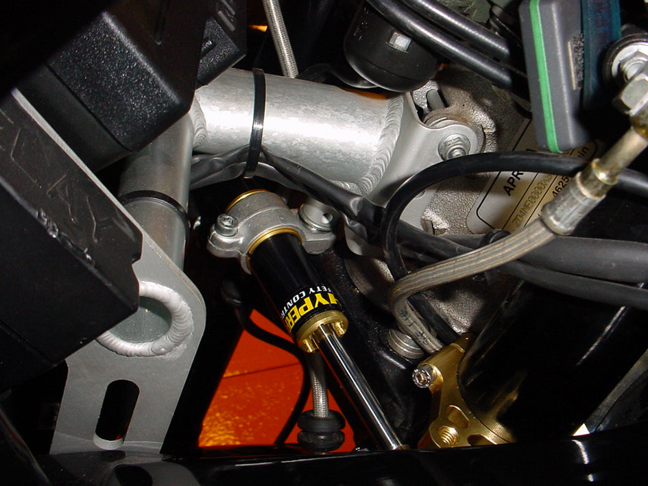 Hyperpro Steering Damper Mounting Kit, Gold, other colours available - In Front Of Bottom Yoke – Aprilia RSV1000 Mille 1999–2000
