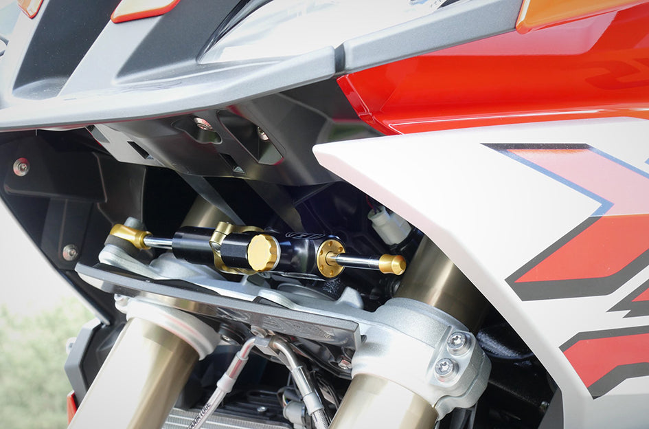 Hyperpro Steering Damper Mounting Kit, Gold, other colours available - In Original Position (damper reversed) - (CSC Black 90mm special damper) – BMW S1000XR 2020–2022