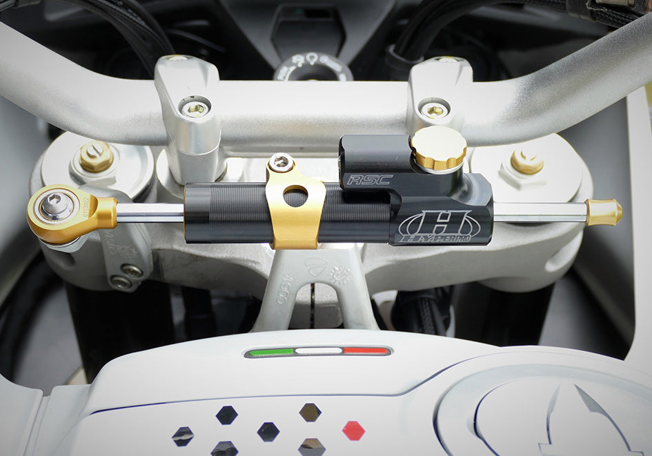 Hyperpro Steering Damper Mounting Kit, Gold, other colours available - In Original Position (damper reversed) – Ducati DesertX 2022–2025