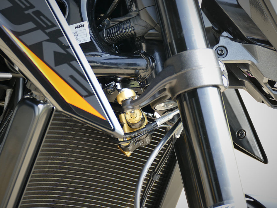 Hyperpro Steering Damper Mounting Kit, Gold, other colours available - In Original Position (damper reversed) – KTM 790 Duke 2018–2024 / KTM 890 Duke / R / GP 2020–2023