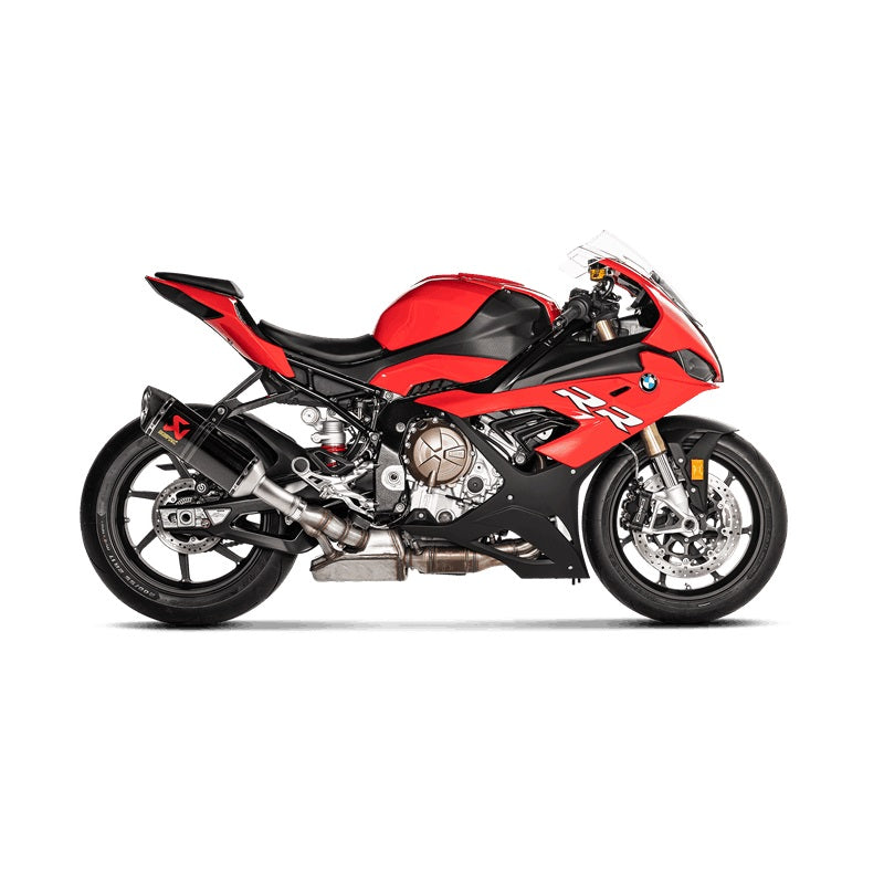 Akrapovic Carbon Silencer Slip-On Kit - Race. If passenger footrests removed bracket P-MBB10E1-1 required. – BMW M1000RR 2021–2026 / BMW S1000RR 2019–2026