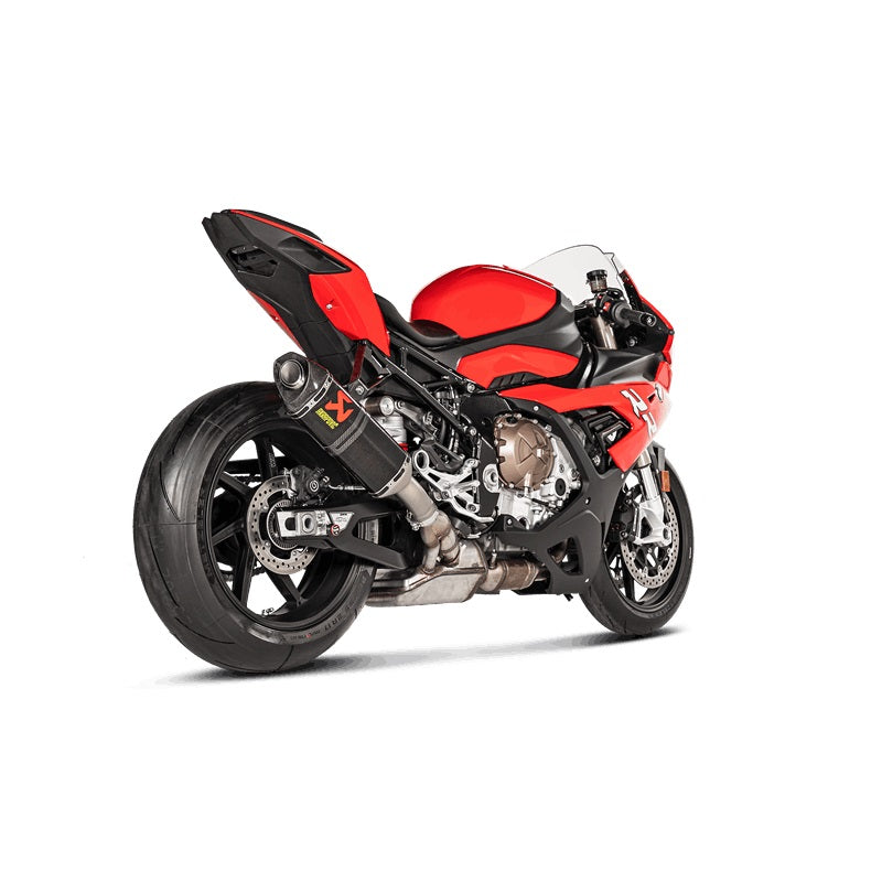 Akrapovic Carbon Silencer Slip-On Kit - Race. If passenger footrests removed bracket P-MBB10E1-1 required. – BMW M1000RR 2021–2026 / BMW S1000RR 2019–2026