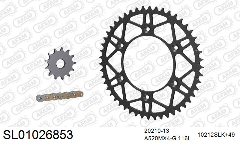AFAM MX Racing GP Chain & Self CleaningSuperlight Steel Sprocket Kit, 520 (OE Pitch) - Gold 116 link MX Racing GP chain, 13T steel/49T Steel – Honda CRF250R / RX 2011–2017