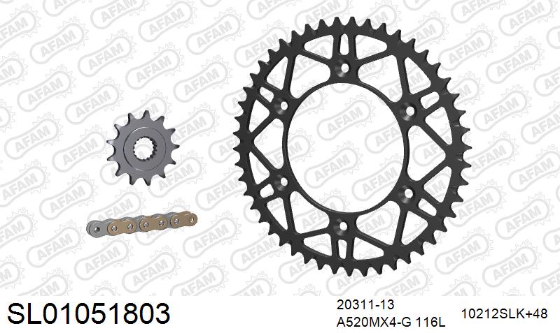 AFAM MX Racing GP Chain & Self CleaningSuperlight Steel Sprocket Kit, 520 (OE Pitch) - Gold 116 link MX Racing GP chain, 13T steel/48T Steel